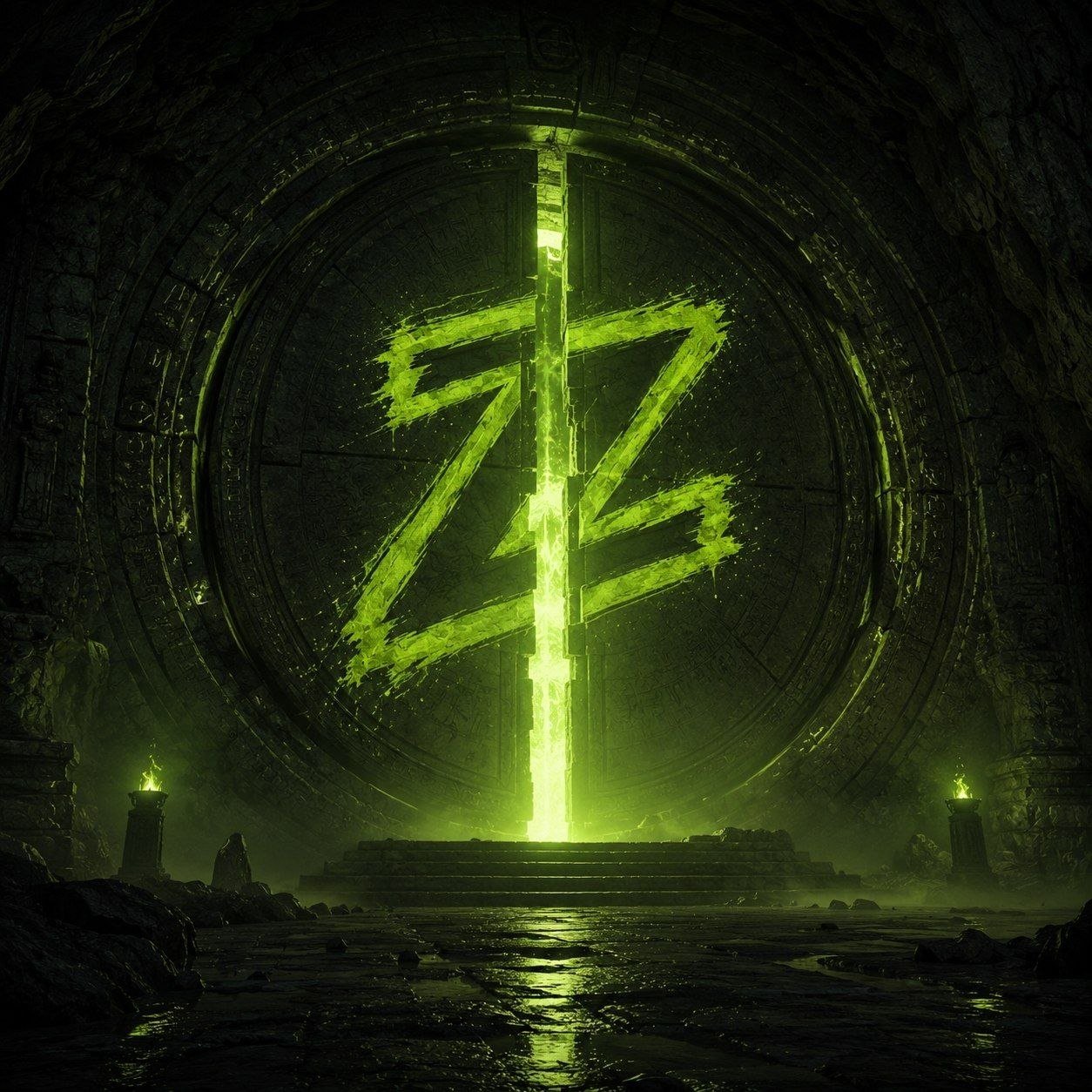 Glowing green Z carved into an ancient stone portal
