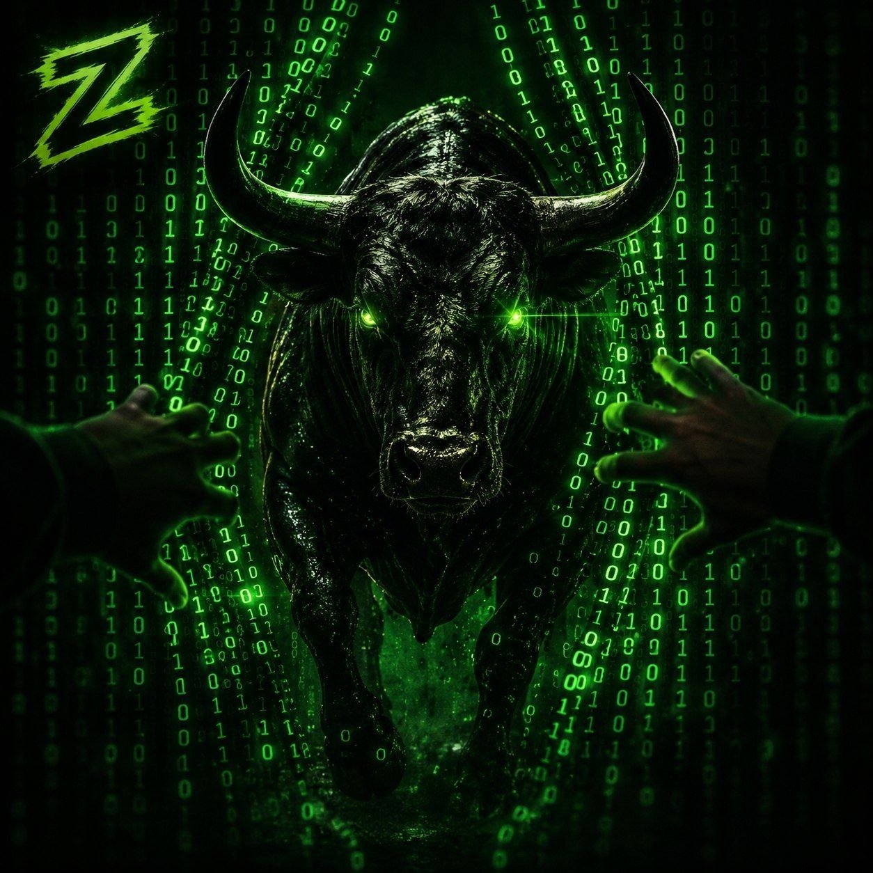 Bull charging through falling green code with the Z mark